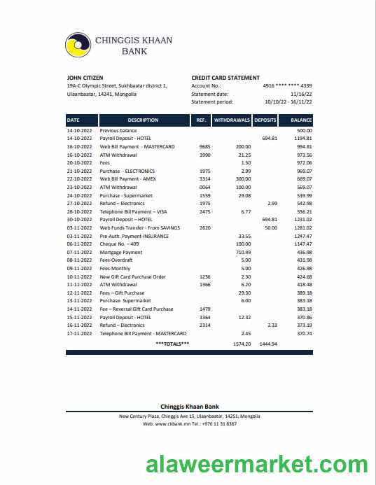 Mongolia Chinggis Khaan bank Excel and PDF template